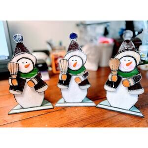 Snowman Tabletop Decor Set 5 Stained Glass Christmas Holder Candle